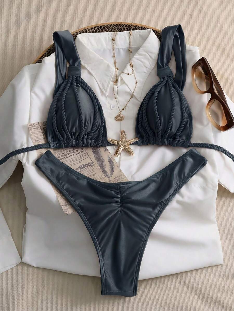 Swim Chiccia 女款 2 件式復古性感優雅浪漫荷葉邊細肩帶設計咖啡棕色海灘泳衣 - 灰色 - 查看 1