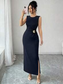 SHEIN Raffinéa 女士优雅金属装饰侧开衩无袖连衣裙，夏季 - 藏蓝色 - 查看 5