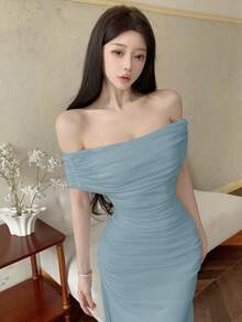 Modelyn 女士露肩褶皱腰身优雅婚礼/场合礼服 - 霧霾藍 - 查看 8