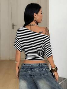 Coolane Trang phục dự tiệc hòa nhạc cho nữ mọi mùa, trang phục dự tiệc rave, phong cách Y2K, trang phục cơ bản hàng ngày, áo thun trễ vai thắt eo. - Đen và trắng - Xem 7