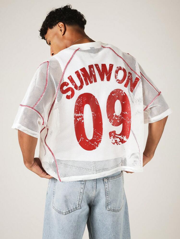 Oversized Mesh Jersey V-Neck Top With Contrast Stitch Detail And Back Number Print