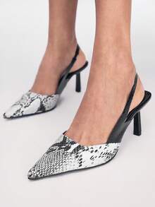 Mnmlis Spring And Summer Snake Pattern Design Pointed Toe Personalized Wind Slingback High Heels Shoes Workplace Commuting - Black and White - View 3