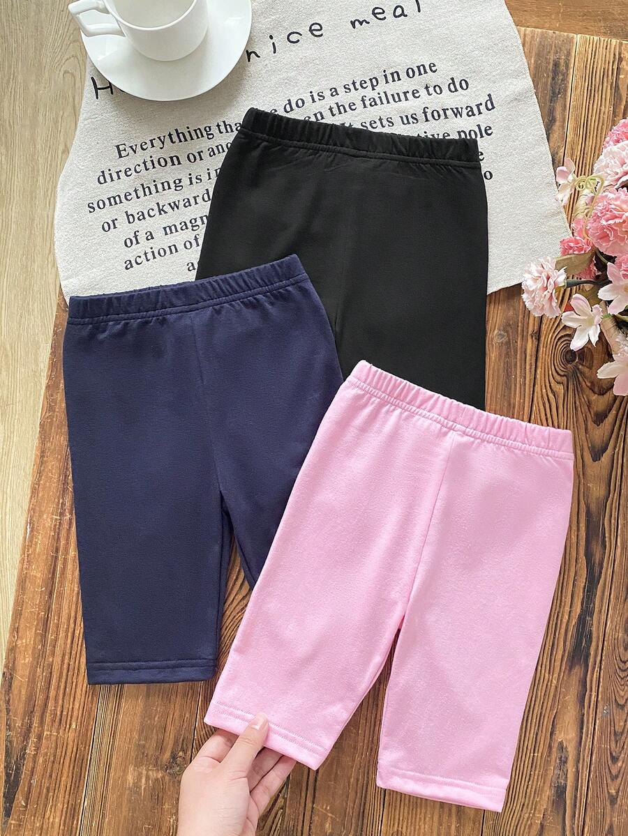SHEIN Elladie kids 3件套女童柔软舒适打底裤，粉色、藏蓝色、黑色，适合居家和户外穿着，夏季