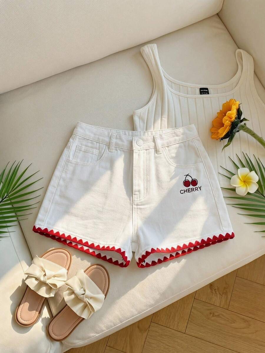 SHEIN Tween Girl Summer Boho Casual Solid Washed High Waist Solid Washed Ripped Denim Shorts With Frayed Hem And Distressed Pockets, Summer Beach Vacation Baggy Shorts,Summer Concert Festival Casual Rave - White - View 1