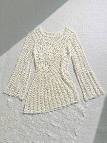SHEIN 少女露肩侧系带罩衫连衣裙（不含比基尼），夏季沙滩度假连衣裙，带褶皱蝴蝶结系带设计 - 杏色 - 查看 9