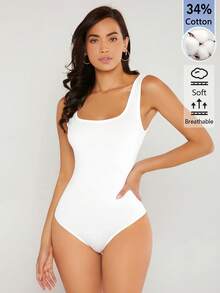SHEIN BASICS 女士纯色时尚百搭方领连体衣 - 白色 - 查看 5