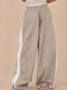 MUSERA Drawstring Waist Nylon Contrast Panel Wide Leg Tracksuit Bottoms Only Airport Casual Summer Holiday - Grey - View 4