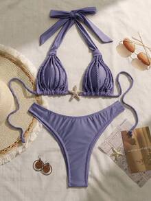 Swim Chiccia 女款 2 件組浪漫熱帶復古性感優雅海灘派對度假/約會套裝，粗肩帶，抓皺設計，藍色調，夏季泳裝 - 紫色 - 查看 3
