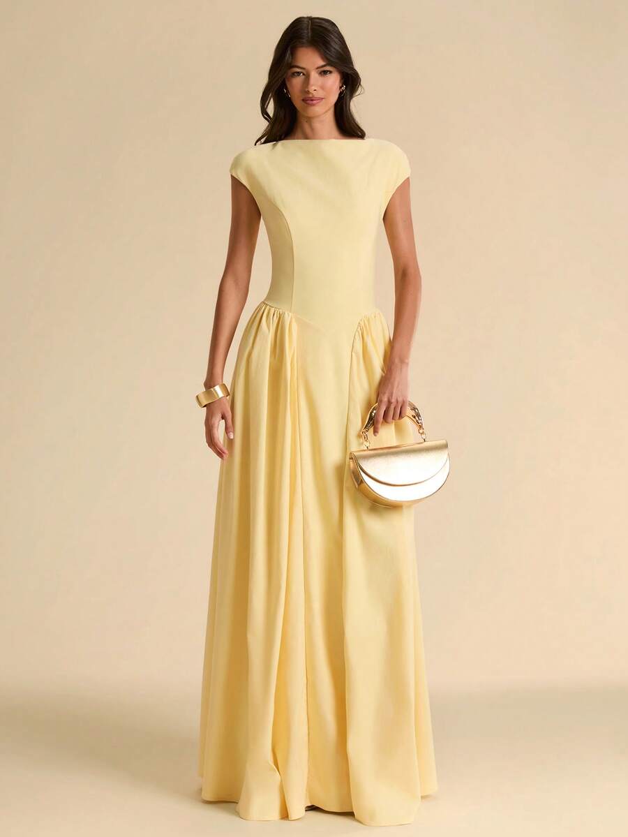 SHEIN BAE Đầm ngắn tay màu vàng trơn, dáng chữ A, ôm eo, thanh lịch, phong cách vintage, thích hợp cho sinh nhật, tiệc trà, tiệc brunch, tựu trường, tiệc chiêu đãi, tiệc tùng. - Màu vàng - Xem 1