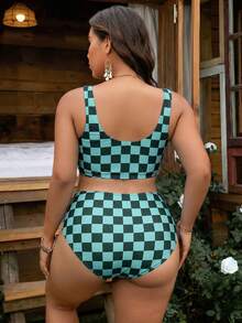 SHEIN Swim Curve 大尺碼女款青綠色格紋坦基尼泳衣套裝，休閒熱帶度假海灘假期夏季 - 青碧色 - 查看 2