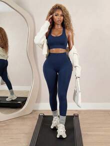 BamGleam Conjunto de ropa deportiva de top de tirantes de cuello de pico y pantalones ajustados de cintura alta para mujer - Azul Marino - Ver 1