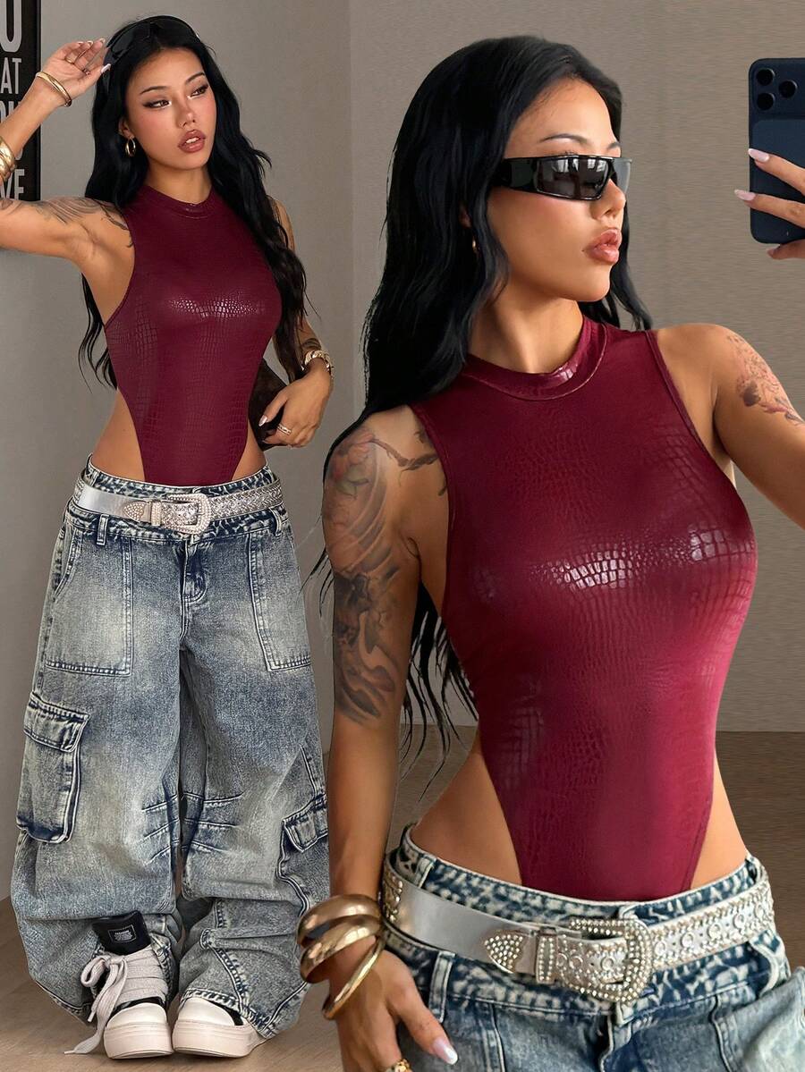 Coolane 女士秋冬Y2K皮革连体紧身衣 - 酒紅色 - 查看 1