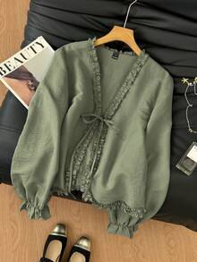 SHEIN Frenchy Blusa de manga larga con volantes de unicolor para mujer - Verde - Ver 5