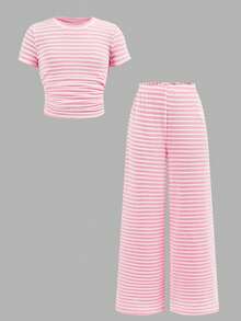 SHEIN Tween Girls' Casual Yellow White Striped Tank Top And Shorts Set,Comfortable&Minimalist Two Pieces Short Summer Clothes - Pink - View 8