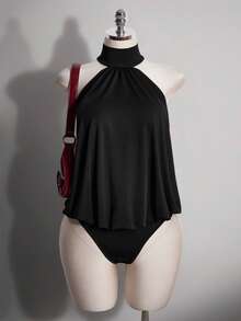 SHEIN ICON 女款大尺碼復古Y2K掛脖黑色寬鬆連身衣，夏季Girlism夜店時尚前衛大膽千禧風連身衣 - 黑色 - 查看 1