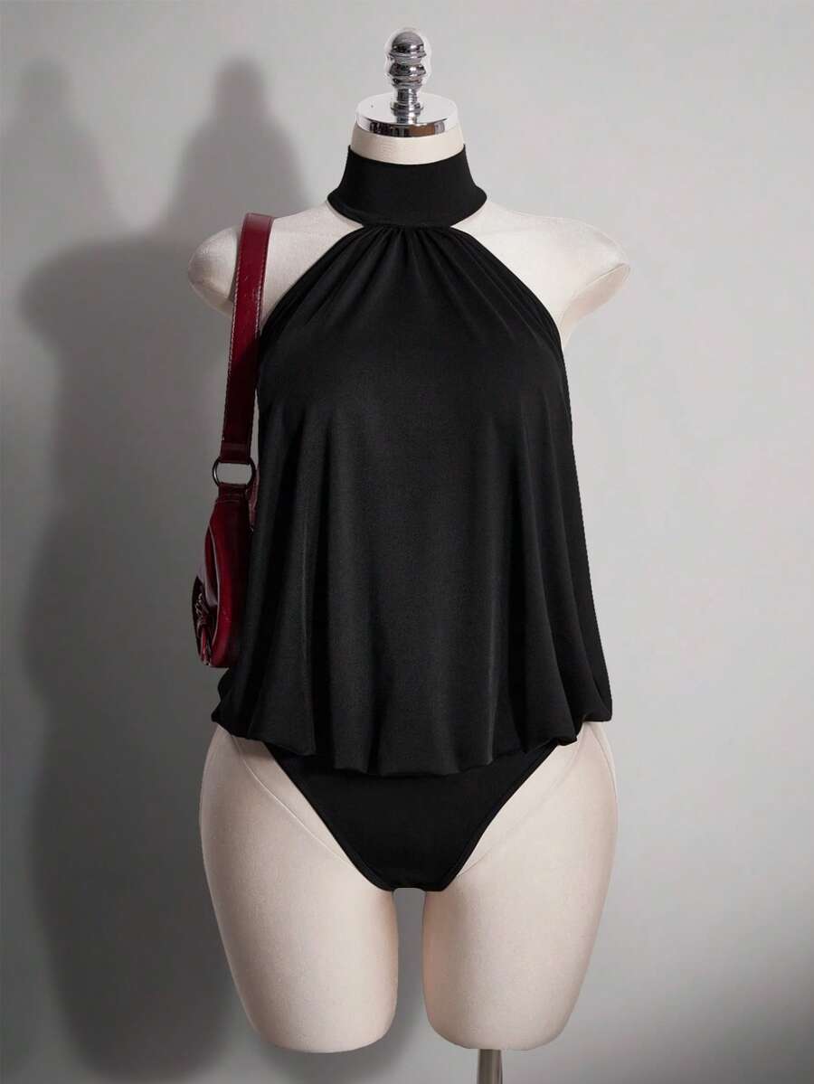 SHEIN ICON 女款大尺碼復古Y2K掛脖黑色寬鬆連身衣,夏季Girlism夜店時尚前衛大膽千禧風連身衣 - 黑色 - 查看 1