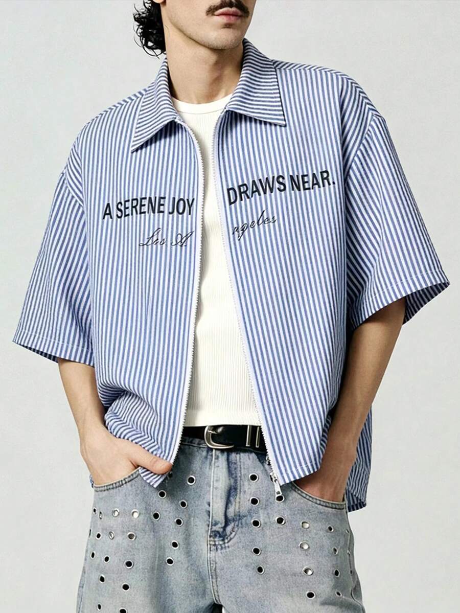 STYNVO Men's Casual Striped Letter Print Short Sleeve Shirt, Summer - Multicolor - View 1