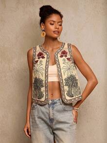 Chaleco ligero de mujer con bordado floral y de loro, chaleco bohemio, chaleco floral, estilo casual de mujer, atuendo para salir, atuendos elegantes, estilo campestre para mujer, atuendos casuales, chaleco elegante - Multicolor 3 - Ver 6