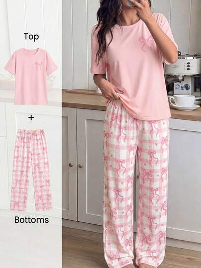 Elladie kids Set de 2 piezas de pijama para adolescentes con parte superior estampada con lazo y shorts a cuadros, de tela de punto suave, cómodo y con un estilo dulce y elegante