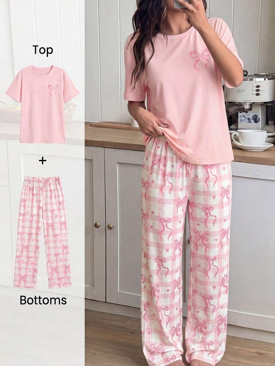 Elladie kids Bộ 2 món/Bộ đồ ngủ in họa tiết nơ và quần short kẻ sọc cho bé gái tuổi teen, vải dệt kim mềm mại, thoải mái, phong cách ngọt ngào và thanh lịch