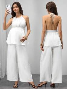 Momance 2pcs Maternity Solid Color Waist Tie Halter Top And Pants Set, Comfortable Photoshoot White Summer Elegant Maternity - Apricot - View 4