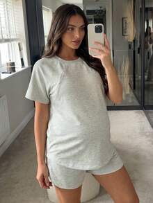 Slowluna 两件套孕妇纯色哺乳功能上衣和短裤休闲日常穿着套装 - 灰色 - 查看 2