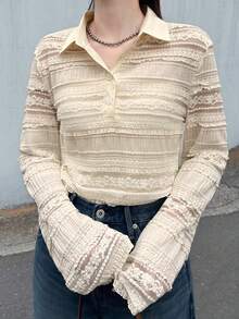 FRIFUL Women's Thin Sheer Lace Long Sleeve Casual Layering Top, Solid Color, Blend, Spring/Summer - Beige - View 5
