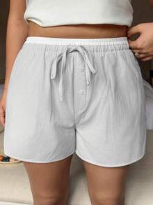 Dazy Plus Contrast Color Patchwork Elastic Waist Drawstring Loose Plus Size Women's Casual Short Pajama Bottoms, Spring/Summer - Baby Blue - View 3