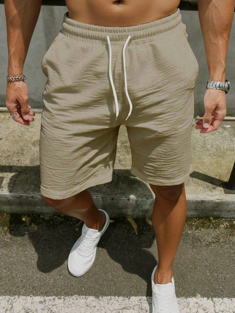 Genlund Pantalones cortos de verano casuales de unicolor con textura de gasa para hombres, vacaciones - Caqui - Ver 1