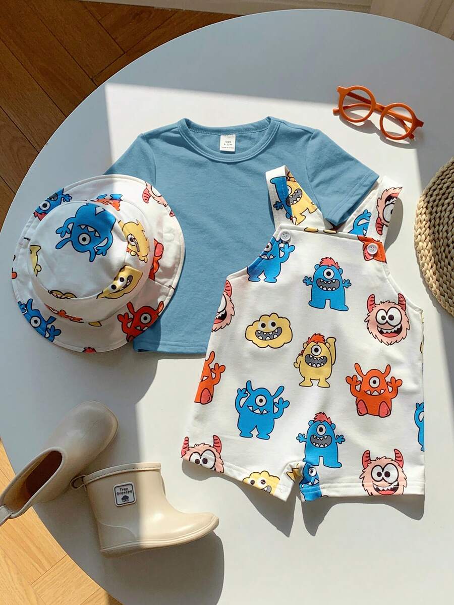 SHEIN 男女宝宝三件套可爱动物印花背带短裤、短裤和遮阳帽套装,含短袖针织上衣,男婴服装 - 彩色 - 查看 1
