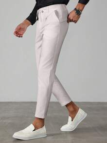Manfinity Mode Quần tây nam màu trơn thắt lưng có túi phong cách casual lịch sự - Xám - Xem 4