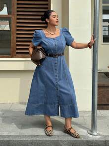 Dazy Plus Plus Size Dark Wash Blue Square Neck Petal Sleeve Fitted Maxi Denim Dress, Spring/Summer Sun Dresses For Women - Light Wash - View 4