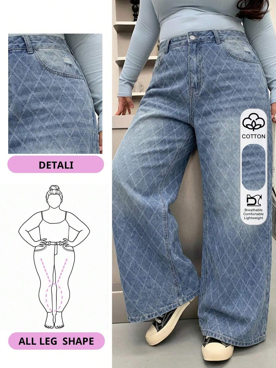 Dazy Plus Jeans de pierna ancha y larga de talla grande con efecto lavado y desgastado - Azul lavado medio - Ver 1