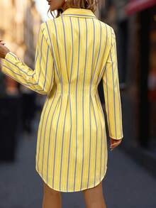 Editum 女士休闲通勤条纹纽扣衬衫裙 - 黃色 - 查看 2