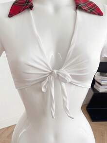 三件套：百褶裙、学生角色扮演用长筒袜 - 紅白色 - 查看 11