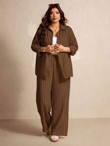 Elaquor Plus Size Casual Minimalist Basic Striped 2 Pieces Set, Loose Fit - Rust Brown - View 4