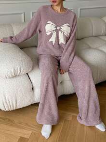 DAZY Plush Knit Butterfly Decor Loose Pajama Set, Winter - Mauve Purple - View 4