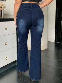 Dazy Plus Plus Size Women Washed Elastic Fitted Sequin Decor Flare Leg Jeans - Dark Wash - View 2