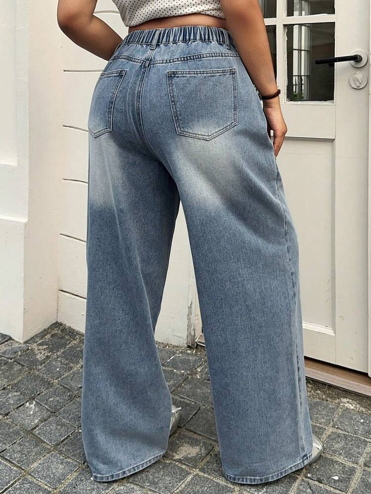 Dazy Plus Loose High Waist Slimming Straight Leg Jeans, Minimalist Versatile Comfortable Floor-Length Plus Size Women Jeans, All Season