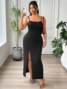 SHEIN EZwear 大码女式纯色开衩休闲派对吊带裙 - 黑色 - 查看 6