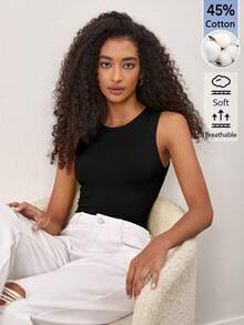 SHEIN BASICS 女款時尚百搭素色圓領細肩帶背心上衣，黑色女上衣 - 黑色 - 查看 9