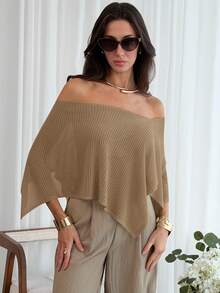 Aloruh Áo khoác ngoài dáng rộng, thanh lịch phong cách Bohemian dành cho nữ, kiểu trễ vai, vạt áo bất đối xứng, chất liệu dệt kim, thích hợp cho kỳ nghỉ. - Lạc đà - Xem 7