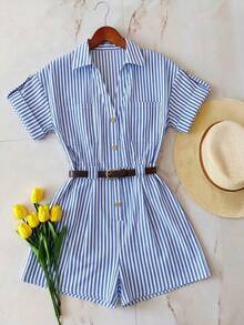 GlowEve Bộ jumpsuit nữ màu xanh trắng kẻ sọc, cổ chữ V, hai túi, tay áo xắn lên, thắt lưng chun, quần short, thanh lịch và tinh tế, thích hợp cho lễ Phục sinh, Ngày động, sinh nhật, hẹn hò, tiệc tùng, các dịp trang trọng, trang phục giáo viên, du lịch, phong cách đường phố, mùa xuân/hè. - Xanh và trắng - Xem 4