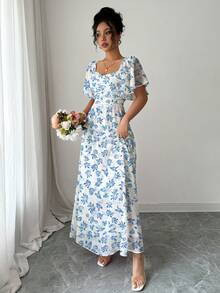 Modelyn Đầm nữ bằng vải chiffon in hoa, tay cánh dơi, eo thắt dây, kiểu Pháp ngọt ngào, duyên dáng, thích hợp cho mùa xuân/hè, chân váy xòe rộng, thanh lịch và thoải mái, chất liệu polyester, phù hợp mặc ở nhà, đi chơi, nghỉ lễ, dự tiệc. Đầm nữ mùa xuân/hè, đầm in hoa, đầm in họa tiết thực vật. Đầm trắng, đầm đi biển. - trắng - Xem 3