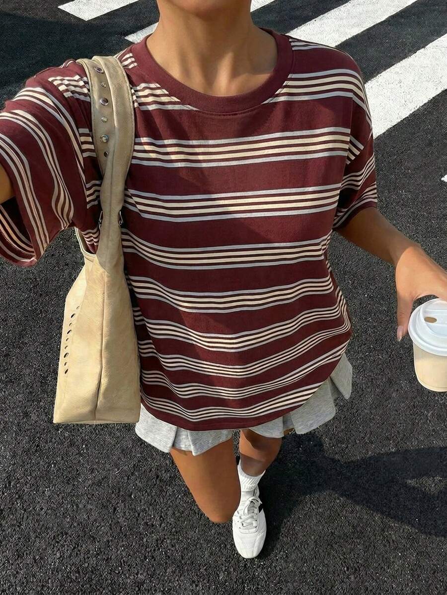少女复古条纹印花可爱美拉德撞色条纹印花短袖T恤 - 彩色 - 查看 1
