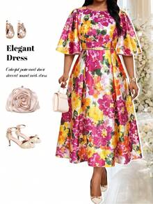 Fleurora White Summer Elegant Plus Size Floral Print Satin Midi Dress Bachelorette Party Evening Tea Party Wedding Guest Dress Round Neck Flounce Sleeve - Multicolor - View 6