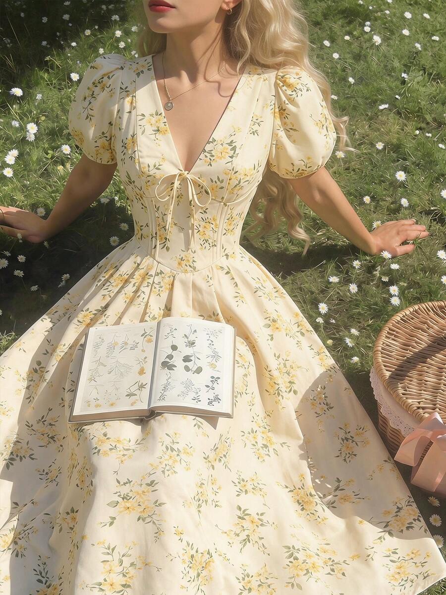 SHEIN MOD 黄色碎花泡泡袖V领茶歇裙——适合约会、派对、女士春夏穿着、度假、野餐、节日、生日等场合 - 黃色 - 查看 1