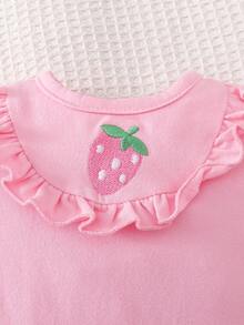 SHEIN 夏季新款女嬰米色圓領泡泡短袖立體刺繡連身衣，可愛優雅簡約舒適 - 粉色 - 查看 8