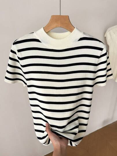 Franclia Women's Striped Crew Neck Casual Knit Short Sleeve Top