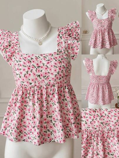 SHEIN Blusa de manga larga con cuello alto, volantes y estampado de lunares elegante y casual para niña preadolescente